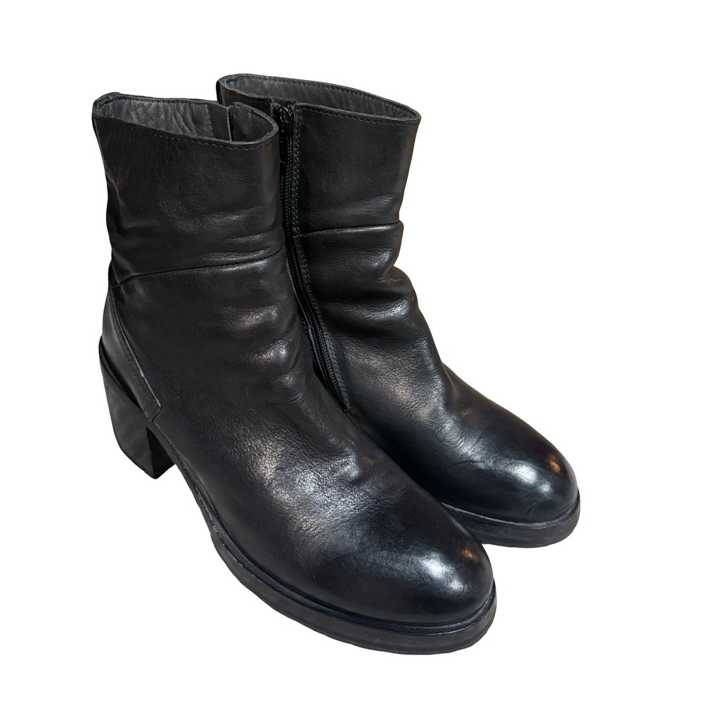 MOMA Black Leather Ankle Boots Handmade Italy Block Heel Side Zip Womens 40